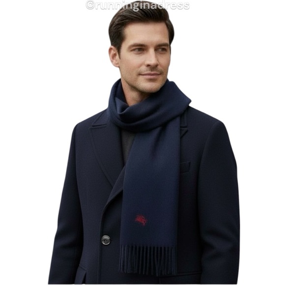 Burberry Other - Vintage Cashmere Scarf In Navy Blue With Red Equestrian Knight Design Logo